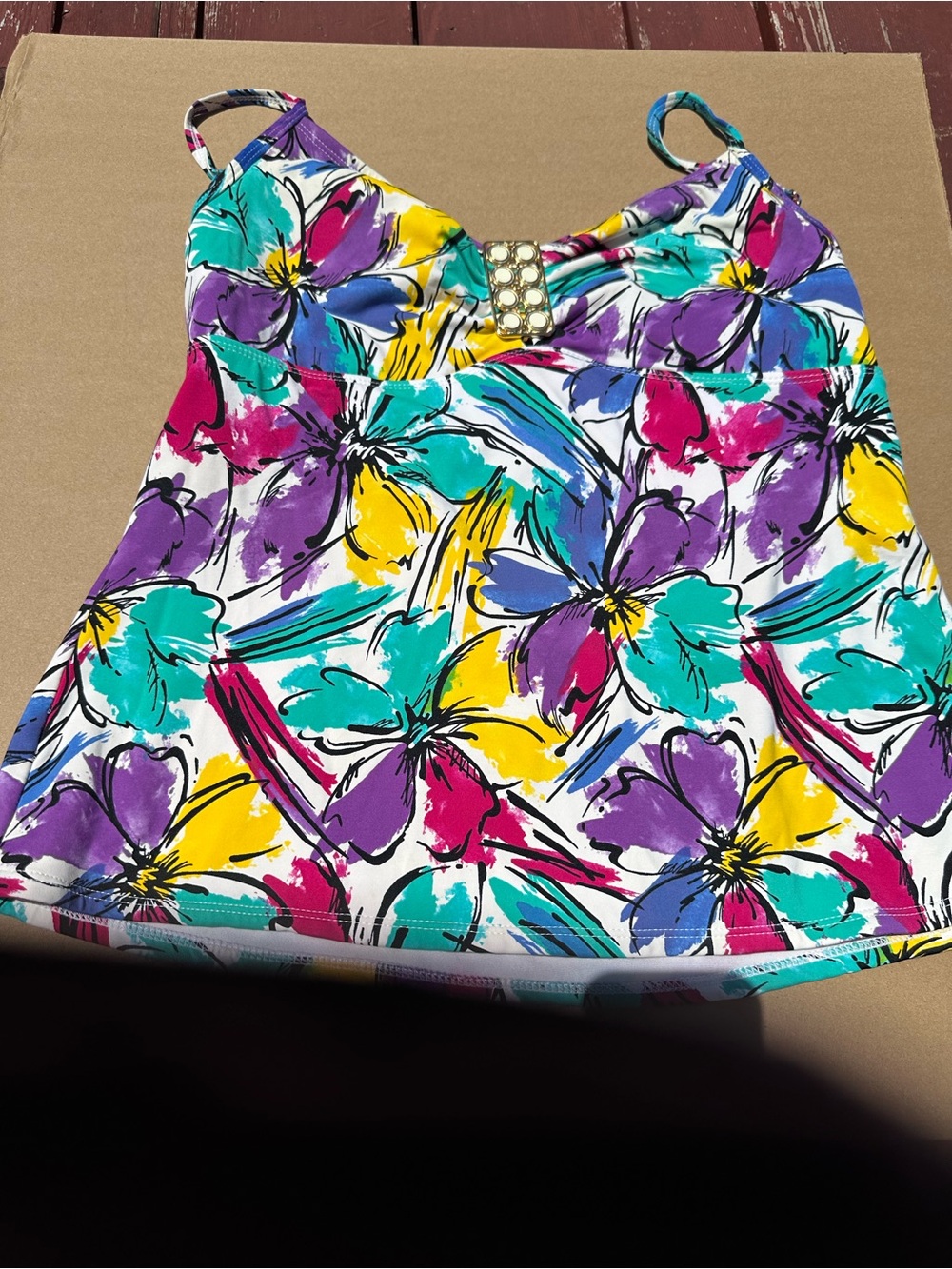 Vibrant Floral Tankini Top with Rhinestone Accent size 12